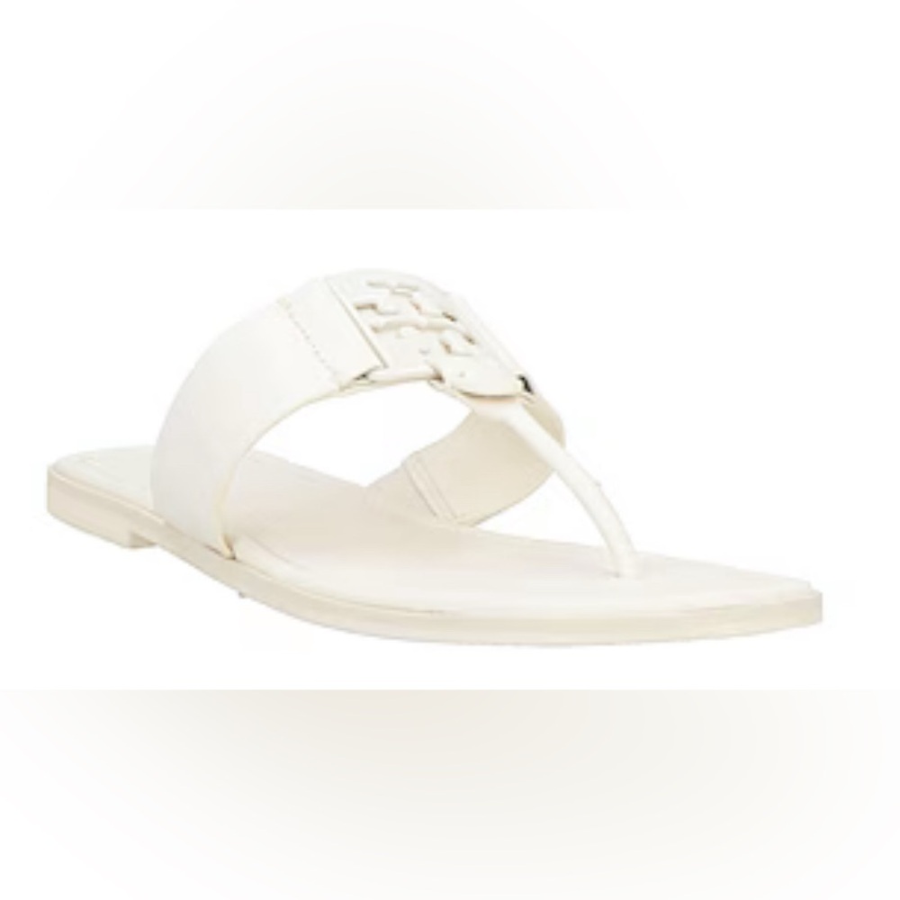 EUC [TORY BURCH] Georgia Logo Toe Slide Sandals Smooth White Leather Women’s 9 - Picture 2 of 12